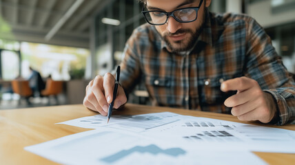 Poster - Focused Determination: A young man, dressed in a casual plaid shirt and spectacles, meticulously analyzes financial charts and reports.