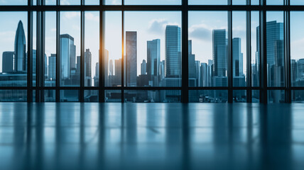 Poster - Cityscape Through Office Window:  A breathtaking panoramic view of a modern city skyline is seen through a large office window, reflecting the city lights and the promise of opportunity. The sleek.