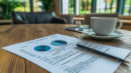 Poster - Morning Business Review: A close-up shot of financial documents, a pen, and a cup of coffee resting on a rustic wooden table in a modern cafe setting, suggesting a productive start to the workday. 