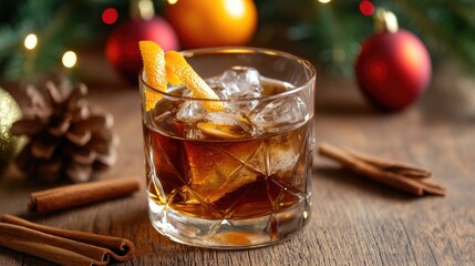 Poster - A glass filled with a drink sitting on top of a wooden table