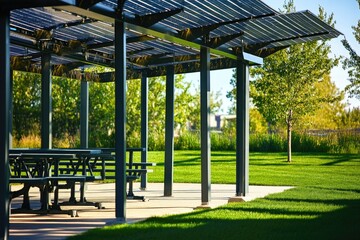 Poster - A group of benches under a metal structure, suitable for urban or industrial environments
