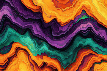Poster - Vibrant abstract pattern with layered blobs and wavy lines in gradients of orange, purple, and teal for artistic expression