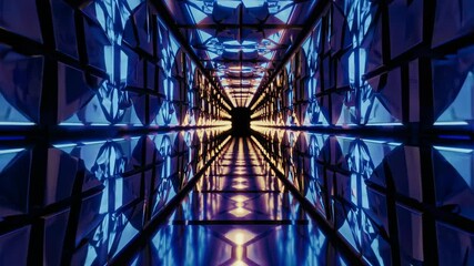 Leinwandbilder - Exploring a futuristic hallway with golden lights and reflective surfaces in a surreal environment