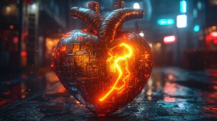 Poster - A glowing heart-shaped object on a city street at night, suitable for Valentine's Day or romantic scenes