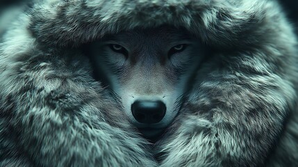wolf's intense gaze from within a fur hood.