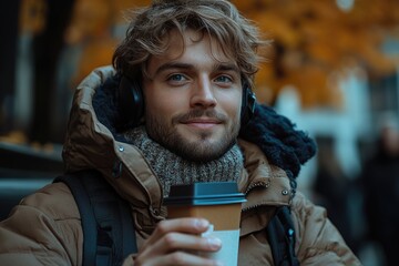 Poster - A person wearing a parka holds a cup of coffee, possibly enjoying an outdoor break