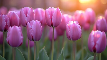 Aufkleber - Pink tulips in a field, sunset in the background