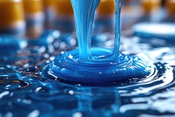 Aufkleber - A close-up shot of blue liquid flowing into a glass, great for use in science, laboratory or chemistry-related illustrations