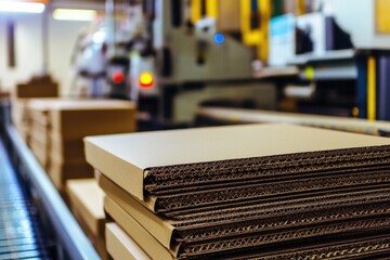 Poster - Stack of cardboard boxes being transported on a conveyor belt, ideal for use in packaging or logistics scenes