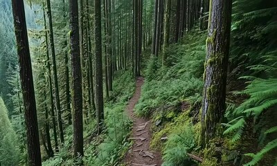 Wall Mural - Winding natural pathway through dense forest with lush greenery and sunlight filtering through tall trees creating a tranquil and serene atmosphere for nature exploration.