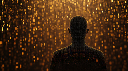 Poster - A silhouetted figure stands against a backdrop of golden, luminous data streams, evoking themes of technology and digital transformation.