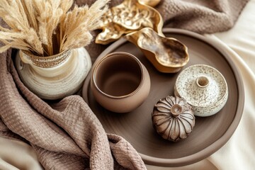 Poster - A brown plate topped with a vase containing dried plant arrangements, suitable for home decor or still life photography