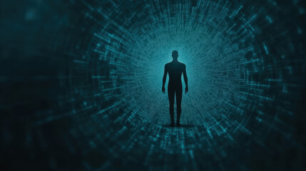 Fototapete - A solitary figure stands in a digital landscape, surrounded by glowing data patterns, evoking a sense of exploration and technology.