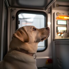 Poster - A dog looks out the window of a city bus