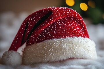 Aufkleber - A festive red and white Santa hat sits atop a bed, perfect for holiday decorating or as a fun prop for photography