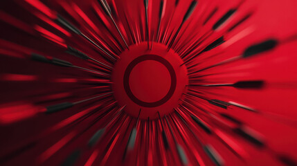Poster - A vibrant abstract design featuring radial lines radiating from a central circular shape, set against a striking red background.