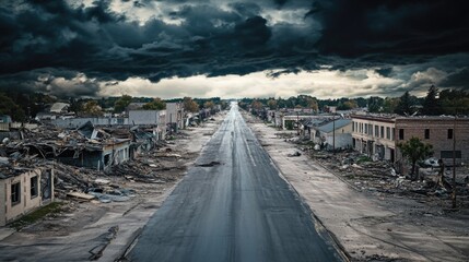 Poster - A city street littered with trash and rubble, ideal for use in post-apocalyptic or urban decay scenarios