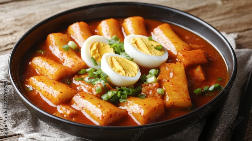Tbeoki A serving of spicy tteokbokki, Korean rice cakes simmered in a savory ...