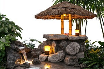 Poster - A picturesque stone fountain with a traditional thatched roof and a gentle waterfall, perfect for outdoor or interior design settings