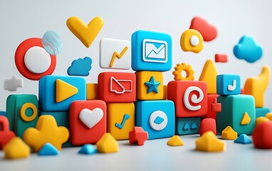 Poster - Colorful 3D app icons and shapes.