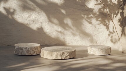 Poster - Three stone stools placed in front of a wall, perfect for a rustic or vintage setting