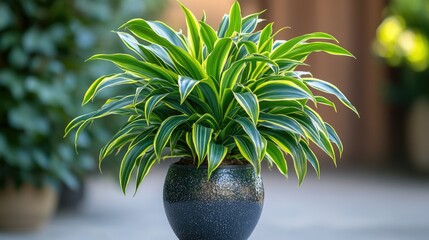 Canvas Print - A small potted plant with bright green and yellow leaves, perfect for home or office decoration