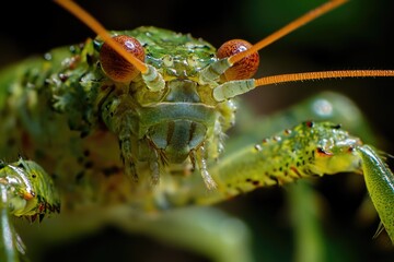 Poster - A close-up view of a praying mantis' head, showing its distinctive features