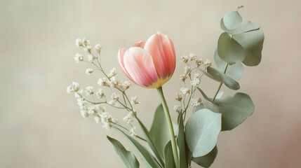 Poster - Soft pink tulip stands proudly with gentle white blooms and lush green leaves, creating a harmonious and tranquil atmosphere perfect for any setting
