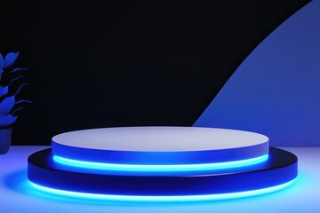 Poster - Pedestal with blue lights on a table, ideal for decorative use or as a unique centerpiece