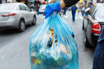 Poster - A person carrying a colorful plastic bag filled with toys, ideal for use in illustrations about childhood, playtime, or environmental themes