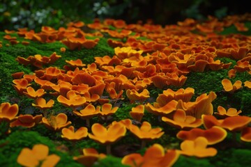 Poster - A vibrant field of orange flowers amidst the tranquility of a forest