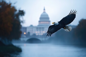 Poster - A majestic bald eagle soars through the air, overlooking a serene river and a building in the distance
