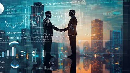 Leinwandbilder - Business Partnership Agreement Embracing Digital Technology and Data for Investment Success in City Skyline