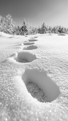 Aufkleber - Walking through a serene winter landscape, distinct footprints create a mesmerizing trail in the untouched snow, showcasing nature's tranquil allure in a peaceful setting