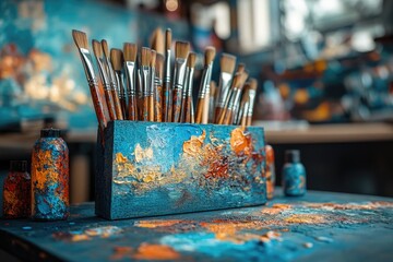 Aufkleber - A collection of paintbrushes arranged neatly on a table, perfect for art or crafting projects