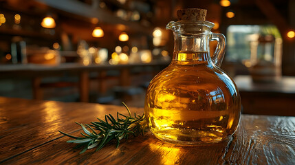 Wall Mural - rustic kitchen, olive oil bottle, rosemary sprig, wooden table, warm lighting, food preparation