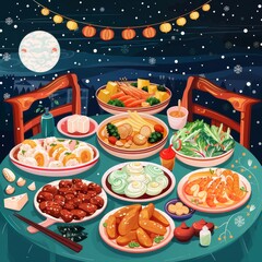 Poster - A table spread with a variety of traditional Chinese dishes, set for a festive dinner under a full moon and snowy sky.