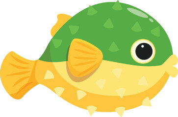 Poster - Cartoon puffer fish swimming underwater, displaying its vibrant colors, spiky body, and distinctive fins