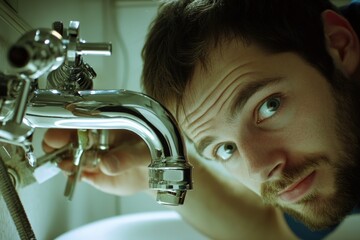 Poster - A person repairing a sink fixture in a domestic setting, possibly for DIY purposes or maintenance