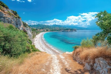 Poster - A scenic overlook of the ocean from a rocky cliff, great for use in travel or adventure-themed projects