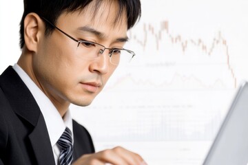 Aufkleber - A professional man using a laptop in a business setting, possibly for work or research