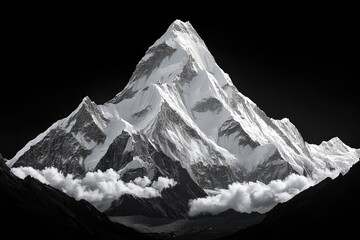Poster - A black and white photograph of a snowy mountain landscape, ideal for use in winter-themed designs or as a minimalist background