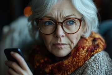 Wall Mural - A close-up shot of a woman wearing glasses, focused on her cell phone