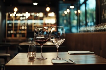 Poster - Two wine glasses sitting on a wooden table, perfect for a romantic dinner or wine tasting event