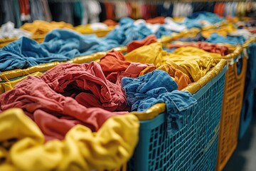 Aufkleber - Various colored shirts stacked in baskets