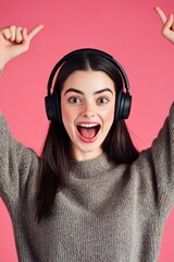 Poster - A woman wearing headphones raises her hands in the air, lost in the rhythm