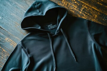 Poster - A black hoodie sits on a wooden floor, great for use in fashion or interior design settings