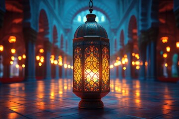 Poster - A warm and inviting mosque interior scene with a lit up lantern, perfect for use in faith-based or cultural contexts