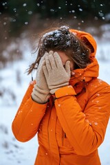Poster - A woman wearing an orange jacket and covering her face with her hands