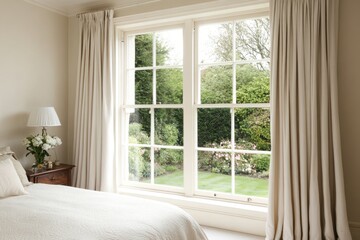 Poster - Cozy bedroom with white bed and big window for natural light, great for interior design or lifestyle photography